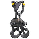 The Petzl AVAO BOD Full Body Harness C071_A0_ by Petzl is available in black and gray, featuring adjustable straps and metal buckles with yellow accents. It is designed for fall protection and includes multiple loops, making it versatile for various climbing or safety applications.