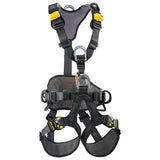 The Petzl AVAO BOD Full Body Harness C071_A0_ from Petzl is designed in black and gray with yellow accents, providing excellent fall protection. It includes several adjustable straps and metal D-rings for secure fastening, along with padded sections for comfort, making it ideal for climbing or construction work.