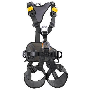 The Petzl AVAO BOD Full Body Harness C071_A0_ by Petzl is designed in black and gray with yellow accents. It includes adjustable straps, metal rings for attachments, and padded sections for enhanced comfort. This harness is perfect for activities like climbing or construction work that require fall protection.