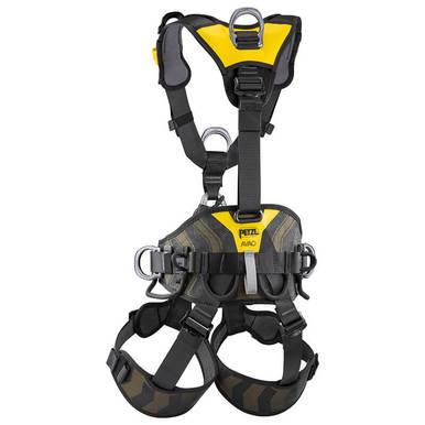 The Petzl AVAO BOD Full Body Harness C071_A0_ from Petzl is a black and yellow harness with multiple straps and metal loops, perfect for both climbing and occupational tasks, providing excellent fall protection. Displayed on a white background, it offers a combination of safety and ergonomic design.