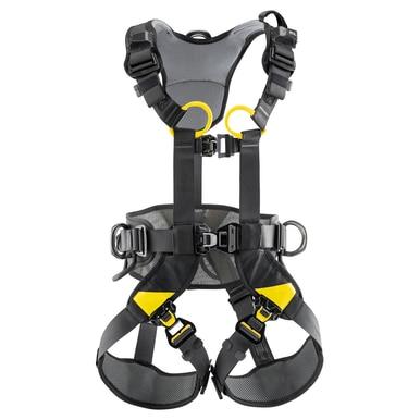 The Petzl Volt International Version Harness C072CA0 is a black and yellow safety harness equipped with adjustable straps and FAST LT PLUS buckles, specifically designed for personal protective equipment use in activities such as climbing or construction work. It serves as an ideal fall arrest and work positioning harness, ensuring optimal safety and comfort.