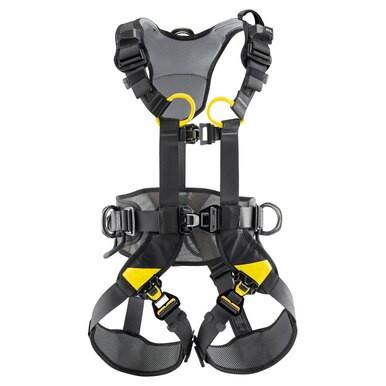 The Petzl Volt International Version Harness C072CA0_ is equipped with FAST LT PLUS buckles, black straps with yellow accents, and metal highlights. It includes padded shoulder and leg straps, multiple adjustment points for a custom fit, and attachment loops for safety gear, making it ideal for fall arrest or work positioning.