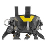 Close-up of the Petzl Volt International Version Harness C072CA0_, a black and yellow work positioning harness from Petzl. It features FAST LT PLUS buckles, metal loops, and various straps. This fall arrest harness is designed with padded sections for comfort and includes additional adjustable straps for secure fitting.