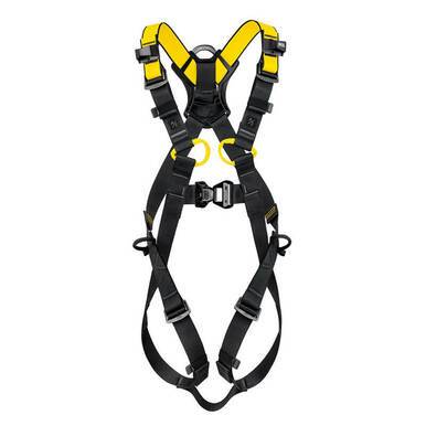 The Petzl Newton International Harness C073BA0 is an ergonomic harness designed for industrial use, featuring black straps and yellow padding with multiple adjustable buckles and loops for a secure fit.