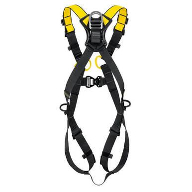 The Petzl Newton International Harness C073BA0 by Petzl is a lightweight fall arrest harness featuring black straps and yellow padding, ergonomic adjustable buckles, and a central ring. Designed for personal fall protection, it provides secure attachment points and support in high-risk environments.