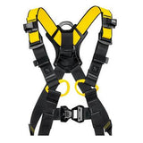 The Petzl Newton International Harness C073BA0, available in black and yellow, is an ergonomic fall arrest harness featuring adjustable buckles and straps. It is designed as lightweight personal protective equipment for use in construction or climbing activities.