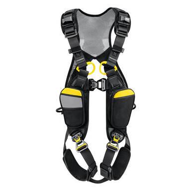 The Petzl Newton Easyfit International Harness C073FA is a fall arrest harness that combines safety and comfort with its black and yellow design. It features padded straps, multiple buckles for a secure fit, reflective patches, and adjustment points on the shoulder, waist, and legs. Its quick-donning capabilities make it ideal for safety in high-risk environments.