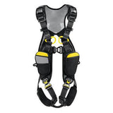 The Petzl Newton Easyfit International Harness C073FA by Petzl is a black and yellow fall arrest harness featuring automatic buckles, adjustable straps, and padded shoulder sections. It secures comfortably around the chest, waist, and legs while providing reflective patches and attachment loops for enhanced safety.