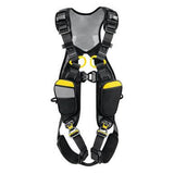 Image of the Petzl Newton Easyfit International Harness C073FA by Petzl, showcasing a black and yellow fall arrest design with padded shoulder straps, automatic buckles, and adjustable straps. This harness includes two front pockets and ensures safety in construction or climbing activities.