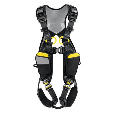 Image of the Petzl Newton Easyfit International Harness C073FA by Petzl, showcasing a black and yellow fall arrest design with padded shoulder straps, automatic buckles, and adjustable straps. This harness includes two front pockets and ensures safety in construction or climbing activities.