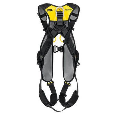 A black and yellow Petzl Newton Easyfit International Harness C073FA features adjustable straps and automatic buckles. For added comfort, the shoulder straps are padded, with the brand name "Petzl" and model displayed prominently on the yellow section at the top.