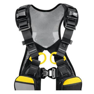 The Petzl Newton Easyfit International Harness C073FA, made by Petzl, is a black and gray fall arrest harness accented with yellow. It includes automatic buckles and adjustable padded shoulder straps, featuring a mesh back panel for ventilation and multiple attachment points.