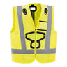 Introducing the Petzl Hi-Vis Vest for NEWTON Harnesses C073_A00: a vibrant yellow safety vest equipped with reflective gray strips in both vertical and horizontal patterns. It features a zippered front, black clip fastenings, and convenient pockets for added utility. This vest is the perfect complement to NEWTON Harnesses for enhanced safety.