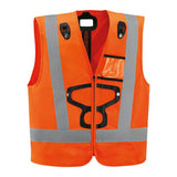 Introducing the Petzl Hi-Vis Vest for NEWTON Harnesses C073_A00 by Petzl: a sleeveless orange vest equipped with reflective silver strips, loops, and adjustable black buckles on the front. It features a zippered front closure, ensuring maximum visibility and safety.