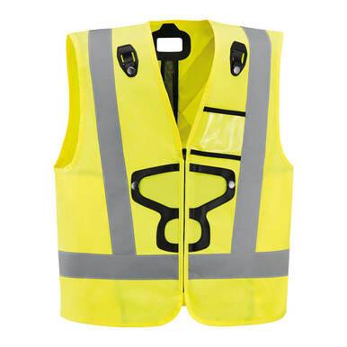 Introducing the Petzl Hi-Vis Vest for NEWTON Harnesses, featuring a vibrant yellow color with reflective gray strips. It includes a convenient zipper front and black hooks, plus a transparent pocket on the upper left side for added functionality.