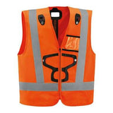 The Petzl Hi-Vis Vest for NEWTON Harnesses C073_A00 is a bright orange vest with reflective gray stripes and black fasteners. It includes a zippered front and a small pocket on the left side, enhancing visibility and safety at all times.