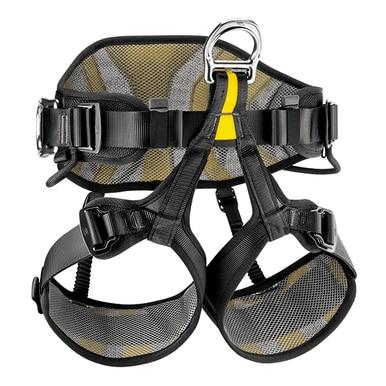 The Petzl AVAO SIT Harness C079AA0 is a black climbing harness with adjustable, self-locking buckles for the waist and legs. It features a metal loop for gear attachment and includes a mesh-like material on the inside for enhanced comfort and support.