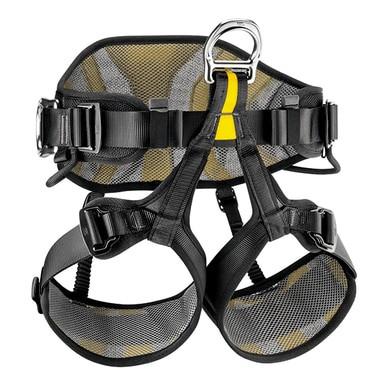 The Petzl AVAO SIT Harness C079AA0, crafted by Petzl, is a black climbing harness equipped with self-locking buckles and a metal attachment ring. It is designed to provide safety and support during climbing activities. This suspension seat harness includes multiple adjustable straps that ensure a secure fit while maintaining comfort and stability.