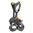 The Petzl ASTRO BOD FAST International Harness C083BA0_ by Petzl is a safety harness in black and yellow, featuring adjustable straps and metal buckles for fall protection. This rope access harness includes padded sections on the shoulders and legs, providing comfort to enhance safety during each climb.