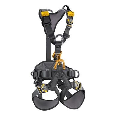 The Petzl ASTRO BOD FAST International Harness C083BA0_ by Petzl is a safety harness in black and yellow, featuring adjustable straps and metal buckles for fall protection. This rope access harness includes padded sections on the shoulders and legs, providing comfort to enhance safety during each climb.