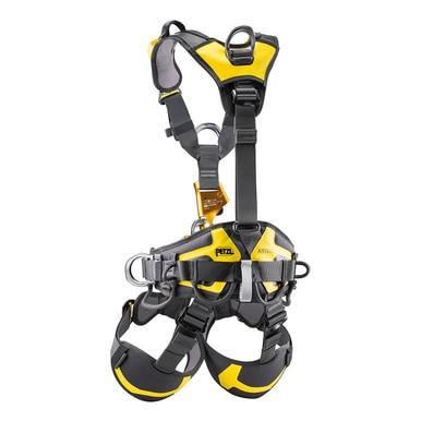 The Petzl ASTRO BOD FAST International Harness C083BA0_ is a yellow and black harness designed for rope access, offering multiple adjustable straps ideal for climbing or working at heights. It includes several metal rings and buckles to ensure secure fastening, along with the CROLL L ventral rope clamp to enhance safety.