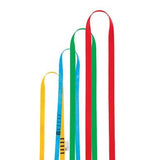 A collection of four Petzl ANNEAU Sewn Webbing Nylon Sling Anchor Straps, featuring vibrant colors in yellow, blue, green, and red with varying lengths, is arranged vertically. Ideal for establishing secure anchor points or enhancing rope access in various environments.