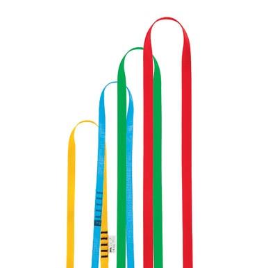 A collection of four Petzl ANNEAU Sewn Webbing Nylon Sling Anchor Straps, featuring vibrant colors in yellow, blue, green, and red with varying lengths, is arranged vertically. Ideal for establishing secure anchor points or enhancing rope access in various environments.