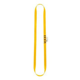 A Petzl ANNEAU sewn webbing nylon sling anchor strap, featuring a yellow design with black stripes on its label, is displayed against a white background.