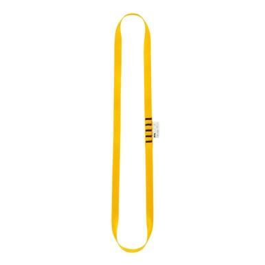 A Petzl ANNEAU sewn webbing nylon sling anchor strap, featuring a yellow design with black stripes on its label, is displayed against a white background.