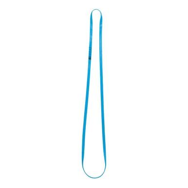 The Petzl ANNEAU Sewn Webbing Nylon Sling Anchor Strap C40A, crafted from durable blue polyester and expertly looped at both ends, is displayed against a pristine white background, highlighting its potential as an essential anchor point.