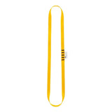 The Petzl ANNEAU Sewn Webbing Nylon Sling Anchor Strap C40A, featuring a yellow design with a black safety label, is an oval-shaped piece made from durable material. It is ideal for climbing and other outdoor activities, providing a reliable anchor point.