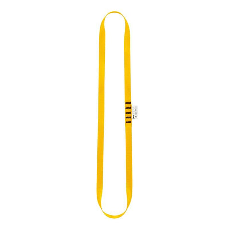 The Petzl ANNEAU Sewn Webbing Nylon Sling Anchor Strap C40A, featuring a yellow design with a black safety label, is an oval-shaped piece made from durable material. It is ideal for climbing and other outdoor activities, providing a reliable anchor point.