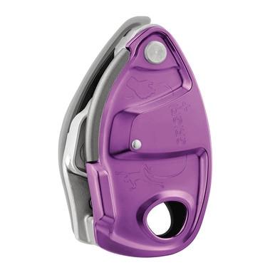 The Petzl GRIGRI + Belay Device D13A, from the brand Petzl, is a purple climbing belay device with a metallic finish. It features a hole at the bottom for rope attachment and boasts an ergonomic design with embossed illustrations and textures. The device includes an assisted braking system and an anti-panic handle for enhanced safety.