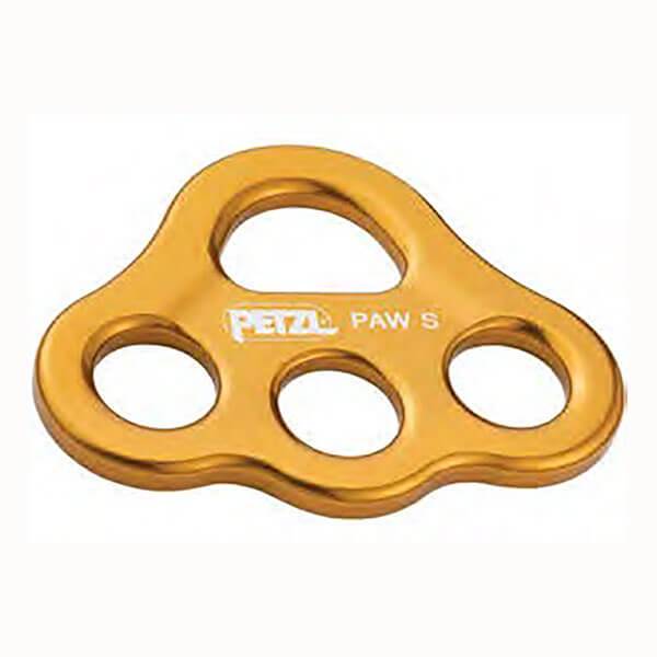 Petzl PAW Rigging Plate Yellow G063_A00, a gold-colored climbing anchor plate made from forged aluminum with four circular holes, is perfect for multi-anchor systems and rigging plate configurations.