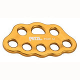 The Petzl PAW Rigging Plate Yellow G063_A00, an orange forged aluminum rigging plate from Petzl, is ideal for multi-anchor systems. Featuring multiple oval holes for carabiner attachments, it effectively distributes loads.