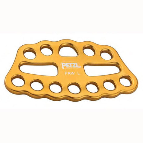 The Petzl PAW Rigging Plate Yellow G063_A00, made by Petzl, is crafted from forged aluminum and features multiple holes for organizing climbing or safety gear. Its symmetrical, oval design seamlessly integrates with multi-anchor systems, and the brand name is prominently displayed on it.