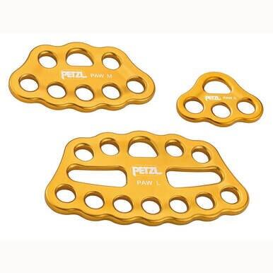 Three yellow Petzl PAW Rigging Plates (Product Code: G063_A00), meticulously crafted from forged aluminum, are available in different sizes (L, M, S). These plates feature multiple holes for efficient organization of carabiners and ropes, making them ideal for climbing and rescue operations involving multi-anchor systems. Displayed elegantly on a white background, they perfectly complement any setup.