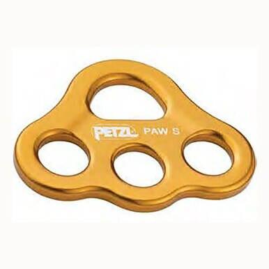 The Petzl PAW Rigging Plate Yellow G063_A00 is a forged aluminum climbing anchor plate featuring four circular holes, specifically designed for multi-anchor systems. With the brand name "Petzl" printed on it, this plate guarantees reliability and strength for all your rigging requirements.