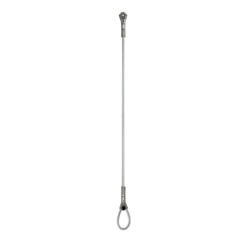 A long, slender cable crafted from galvanized steel, featuring a loop at the bottom and a fixed eye at the top, designed for lifting or securing tasks. This cable boasts a robust, industrial look akin to the Petzl WIRE STROP Steel Anchor G200AA0_ by Petzl.