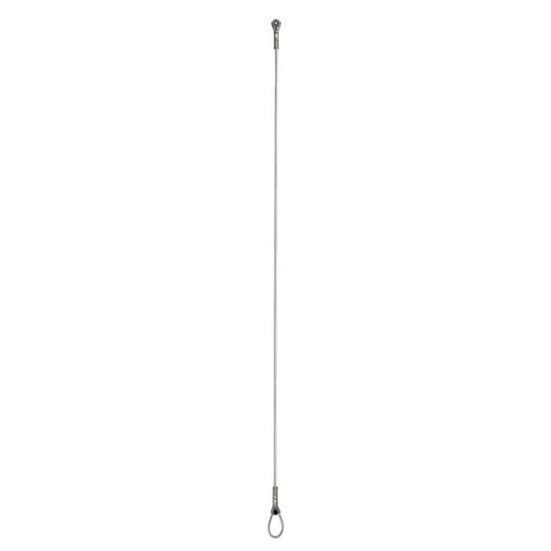 A long, slender antenna, white in color and crafted from galvanized steel, featuring a metal loop at one end and a bulbous tip at the other, closely resembles the Petzl WIRE STROP Steel Anchor G200AA0_, set against a white backdrop.