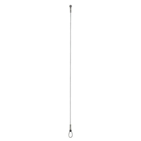 A long, slender antenna, white in color and crafted from galvanized steel, featuring a metal loop at one end and a bulbous tip at the other, closely resembles the Petzl WIRE STROP Steel Anchor G200AA0_, set against a white backdrop.