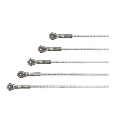 Five Petzl WIRE STROP Steel Anchors, arranged parallel to each other against a white background. Each cable features looped ends and a cylindrical fitting at both ends, perfect for securing or connecting purposes. These are reminiscent of the Petzl WIRE STROP designs known for their reliability as steel anchors.