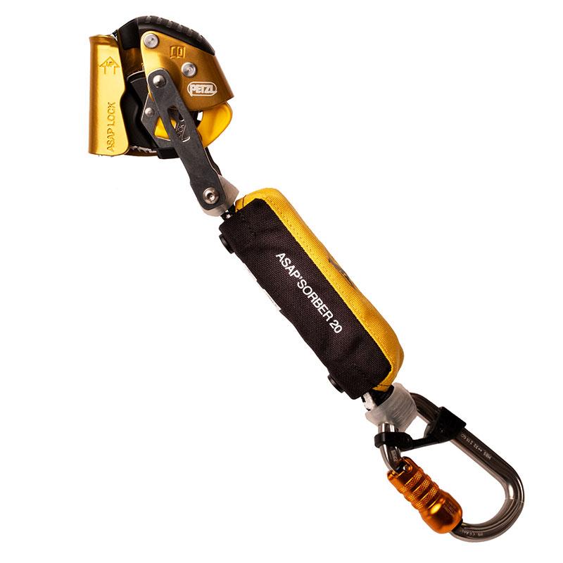 Close-up of the Petzl ASAP LOCK Vertical Lifeline Kit K097AA0_, featuring a yellow and black energy absorber, a locking carabiner, and the gold ASAP LOCK device. This essential mobile fall arrester ensures vertical safety for climbing and rope access work.