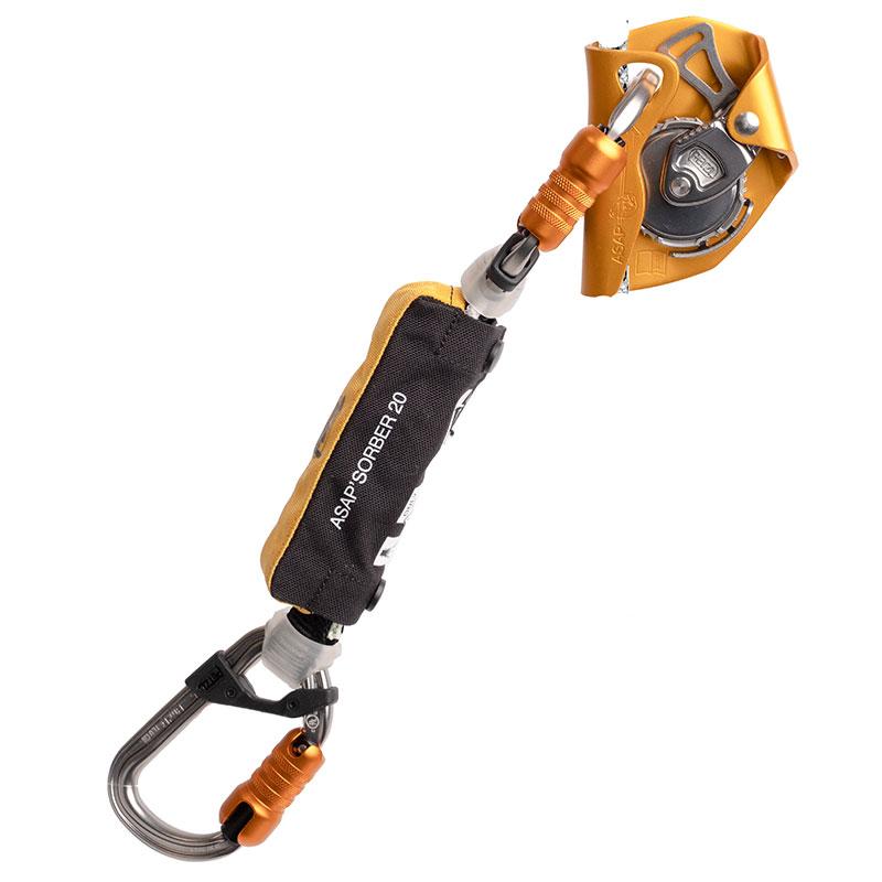 The Petzl ASAP Fall Arrest Kit K097BA0_ by Petzl includes a fall protection device equipped with an orange locking mechanism and a black carabiner, connected by a strap labeled "ASAP SORBER 20." This mobile fall arrester comes with a rope clamp and energy absorber for secure use in climbing or industrial settings.