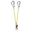 The image displays the Petzl ABSORBICA-Y MGO International Version, a yellow safety lanyard featuring dual silver clips at the top and an energy absorber at the bottom, crafted by Petzl for fall protection in climbing or construction work.