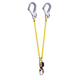 The Petzl ABSORBICA-Y MGO International Version L01_BB0_ is a twin-legged fall arrest lanyard that includes two silver hooks and a black connector. This yellow lanyard comes equipped with an energy absorber, making it perfect for construction or climbing activities by effectively preventing falls and ensuring enhanced safety.