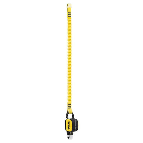 The Petzl ABSORBICA-I Lanyard with Energy Absorber L01_AB0_ is a yellow climbing lanyard with a bungee-like design and a black attachment loop. It features the "Petzl Absorbica" label on the connector and includes an energy absorber to enhance safety when used with a horizontal lifeline.