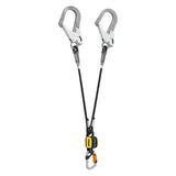 The Petzl ABSORBICA-Y MGO International Version L01_BB0_ dual-leg lanyard highlights energy absorber technology, with two large metal hooks on its black and yellow rope, as well as a smaller metal carabiner at the bottom. This design is perfect for safety and climbing applications.