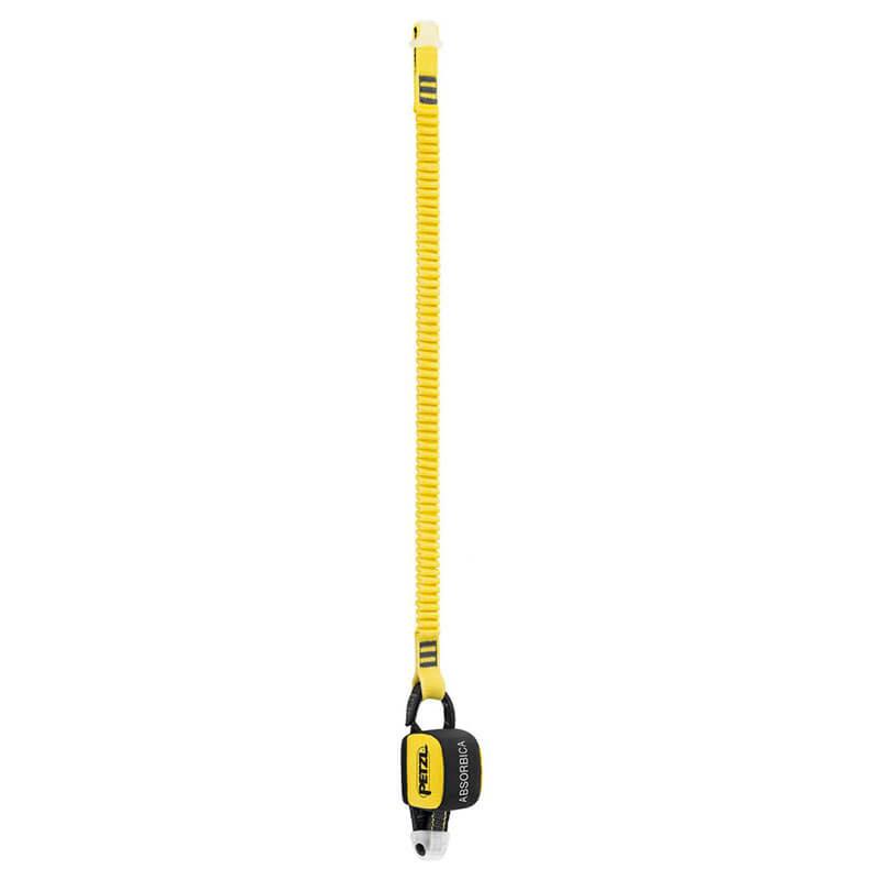 The Petzl ABSORBICA-I Lanyard with Energy Absorber L01_AB0_ is a yellow and black lanyard known for its compact design, incorporating elasticized webbing and a protective cover. Perfect for use with a horizontal lifeline, this energy absorber offers excellent safety and efficiency.