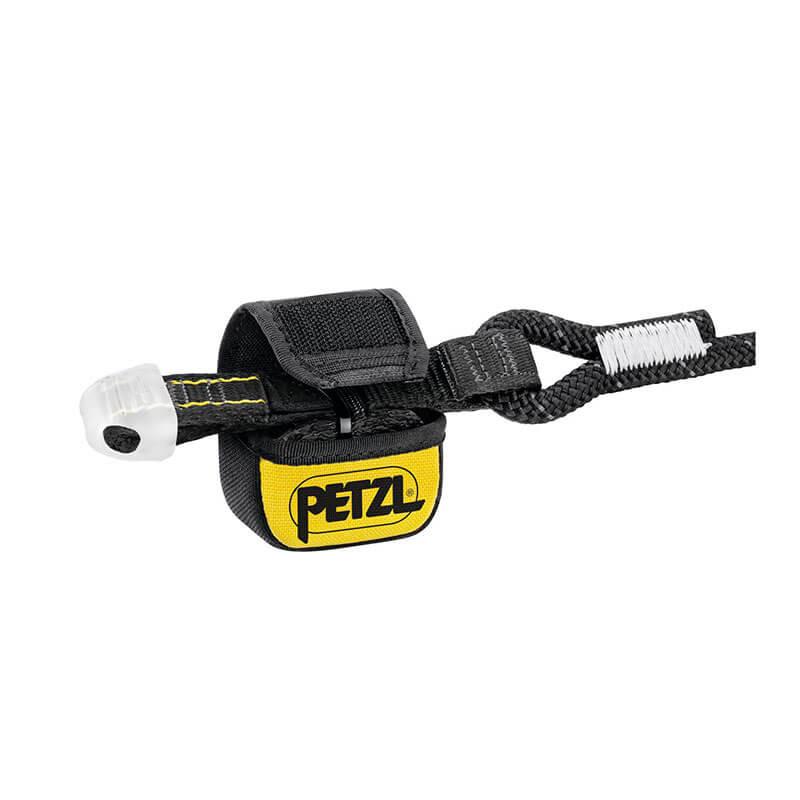 A close-up of a black and yellow Petzl pouch with a strap, featuring Velcro and loop fasteners, showcases the Petzl ABSORBICA-I Lanyard with Energy Absorber. The white plastic component suggests its integration with the lanyard, making it ideal for use on a horizontal lifeline.